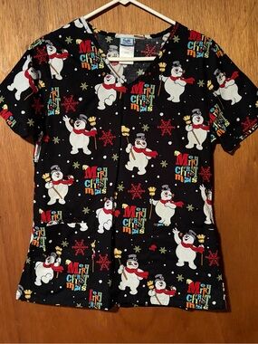 Holiday Snowman Print Womens Scrub Top - Black